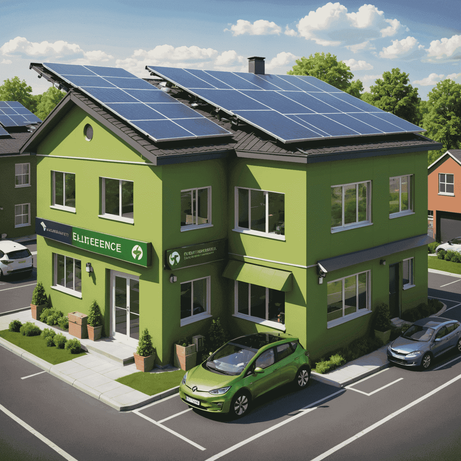 Ilustrace zobrazující zelené podnikání - solární panely na střeše budovy, elektrické auto a recyklační symboly