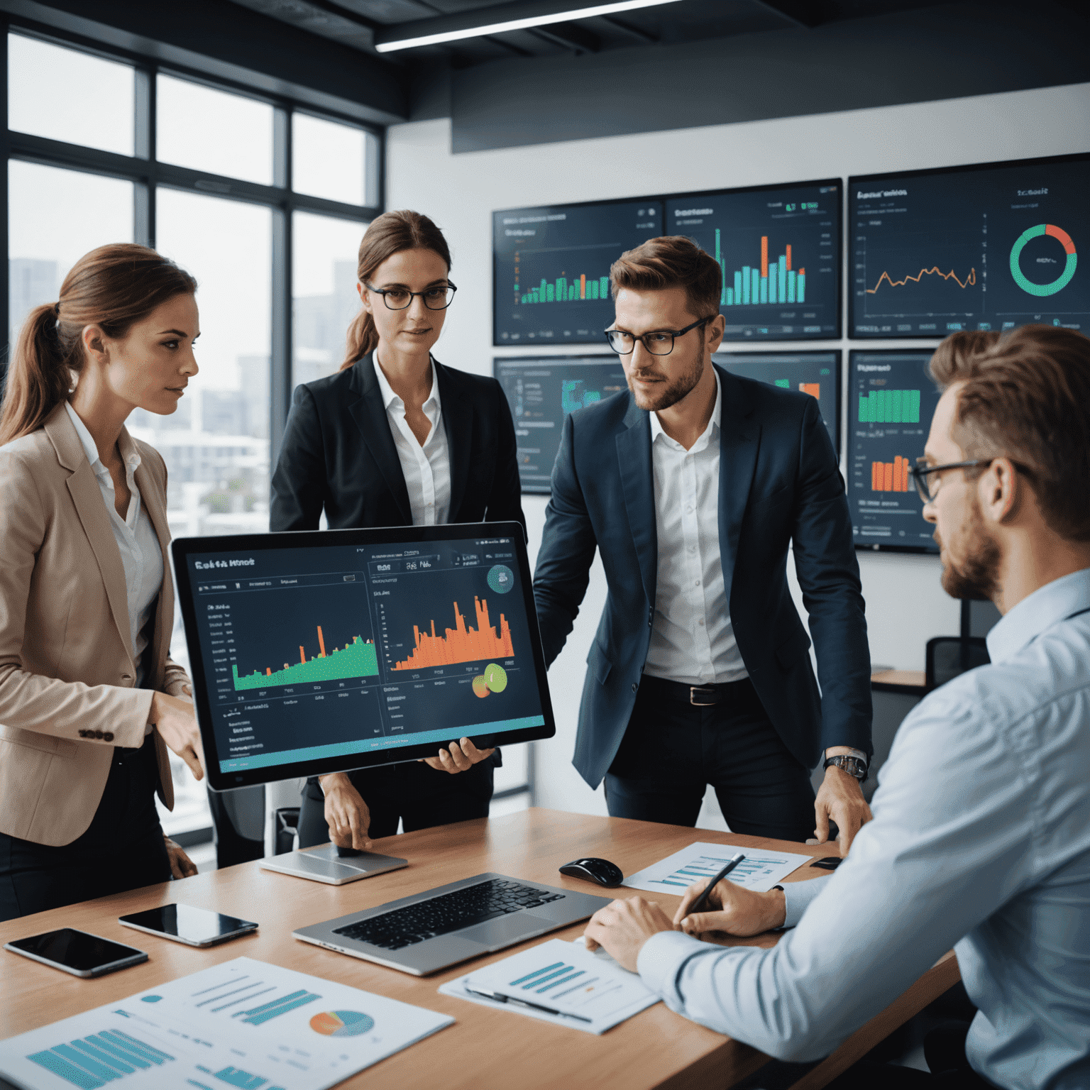 Tým finančních expertů FIB-Online diskutující nad digitálním dashboardem.