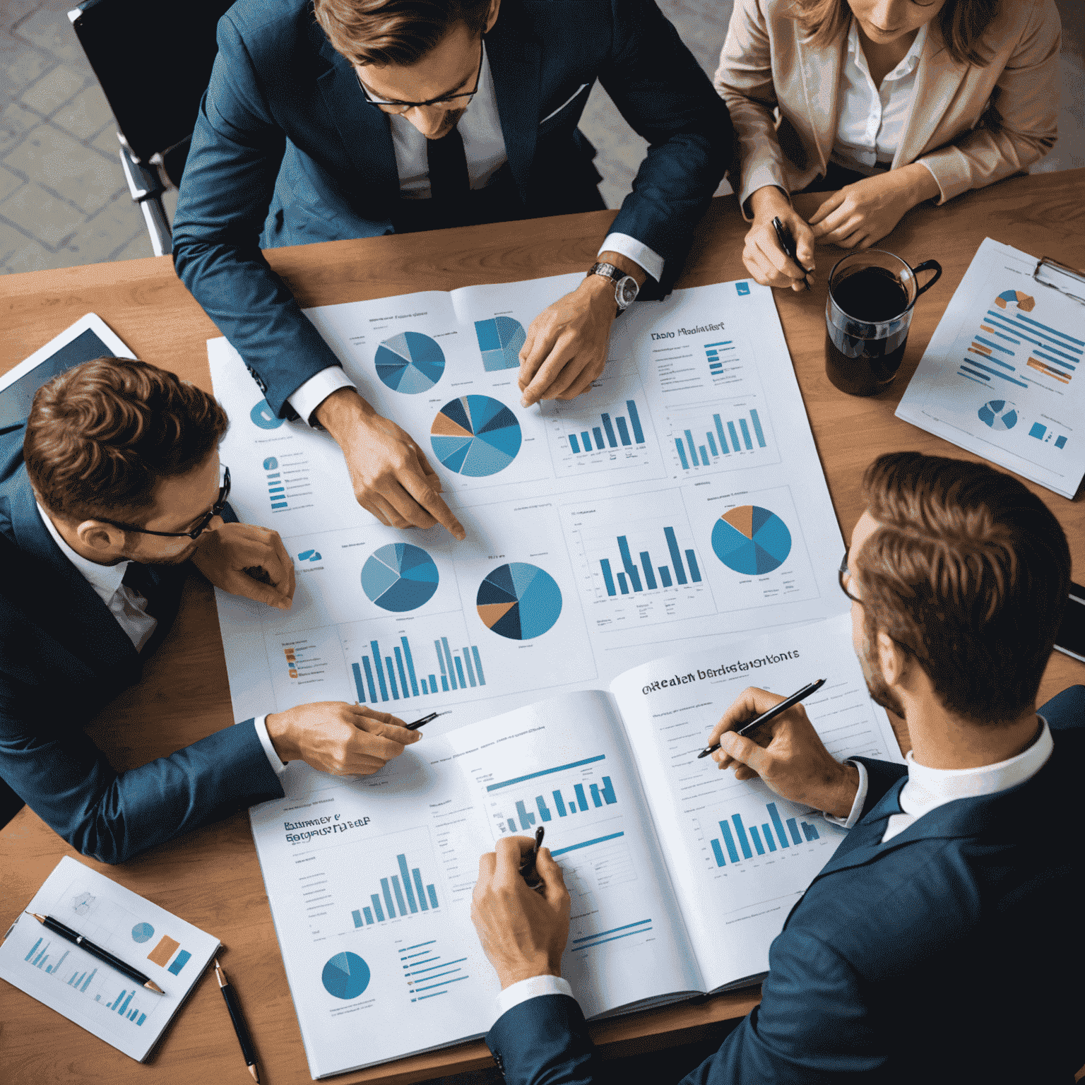 Tým profesionálů diskutující nad business plánem a analýzou trhu